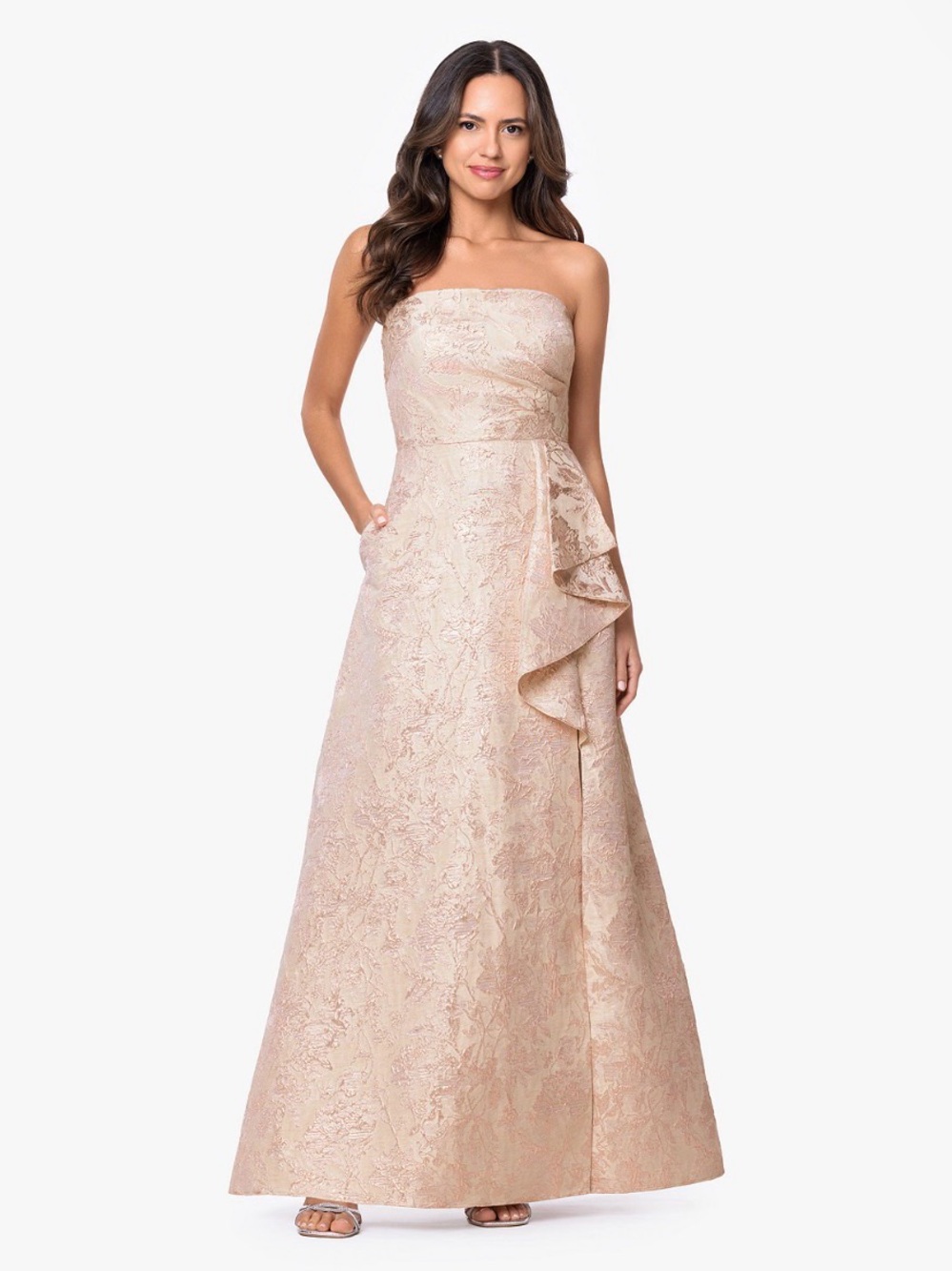 XSCAPE Strapless Brocade Gown